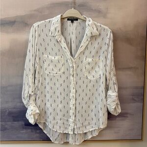 Velvet Heart White Button-Up Shirt with Blue Geo Pattern and Pockets